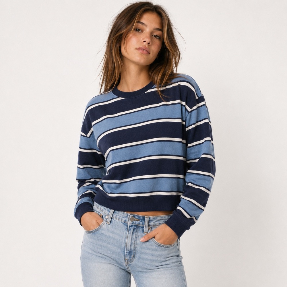 PacSun L.A. Hearts Fleece Size M Blue Striped Cropped Crewneck Fleece Pullover